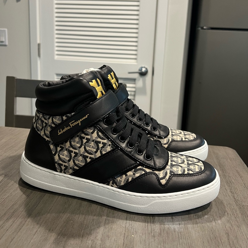 Salvatore Ferragamo Men’s High Top Sneakers w/ Gancini Print & Calf Skin Leather